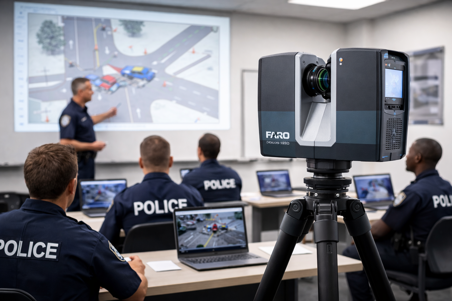 FARO scanner training in a classroom environment with police officers and a crash diagram on screen